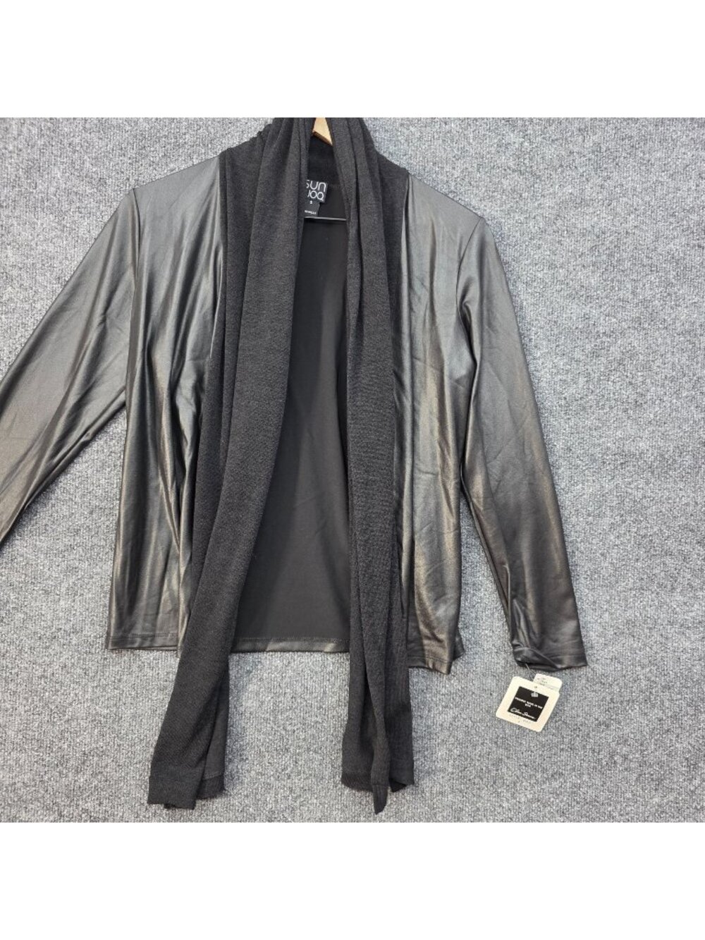 Clara Sun Woo Faux Leather Drape Cardigan Jacket S Black USA Modern Avant Garde